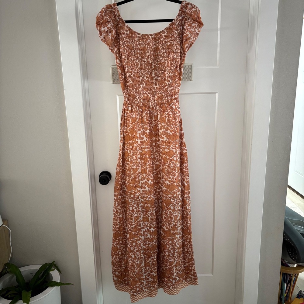 Free‎ People Ultraviolet Maxi Dress Smocked Floral Print Open Back Small Pockets